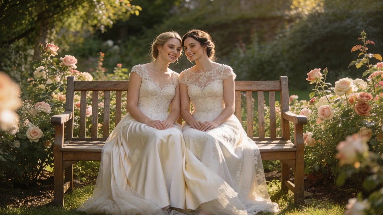 Smiling two women in wedding gowns lifting heads with breeze lifting skirts on wooden bench posing