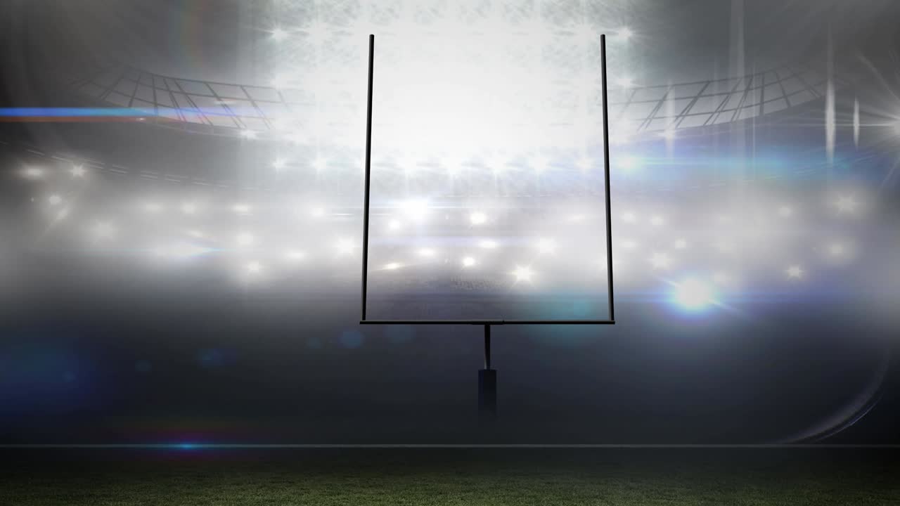 홍수 조명 경기장에서 아메리칸  ⁇  골포스트와 구름진 하늘의 애니메이션