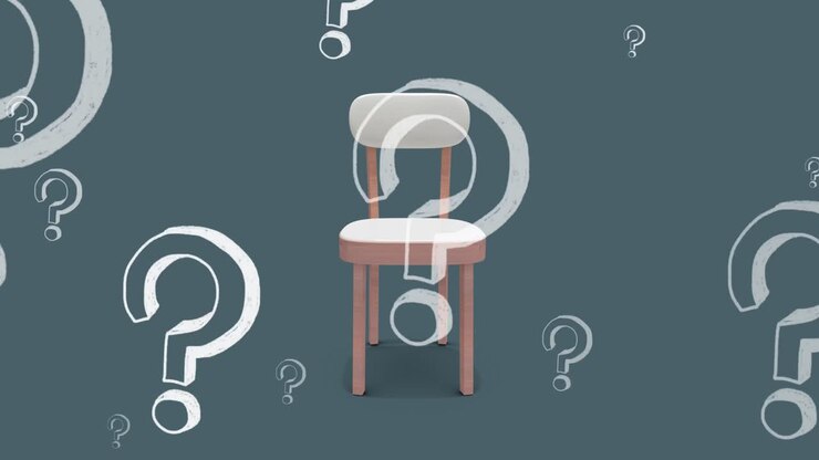 Animation of falling question masks over chair