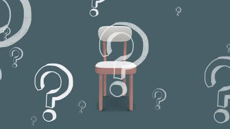 animation of falling question masks over chair