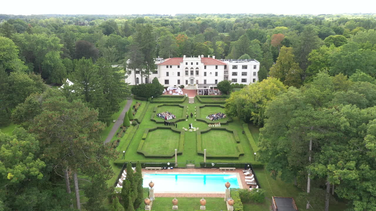 A Wedding In The Scenic Garden Of Geneva On The Lake Resort In New York, United States. Aerial Wide Shot