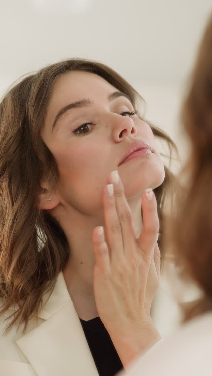 Curious redhead woman touches soft facial skin after makeup made by artist in salon. Elegant lady enjoys looking at reflection in mirror closeup