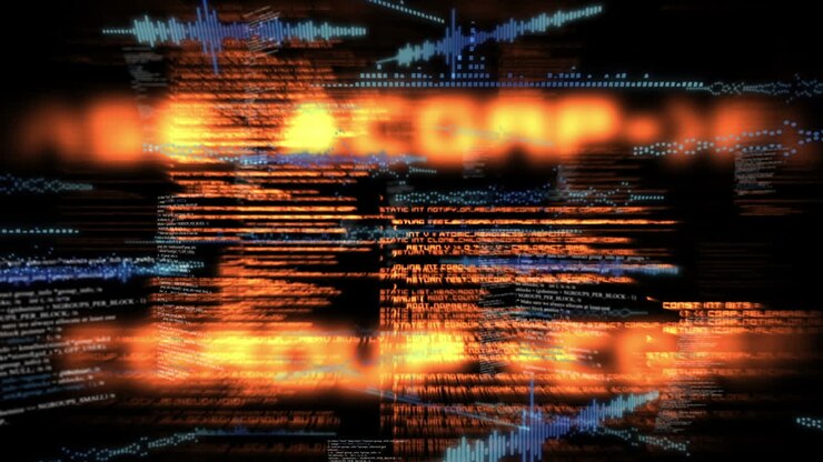 Animation of digital computer language and graphs moving in loop on black background