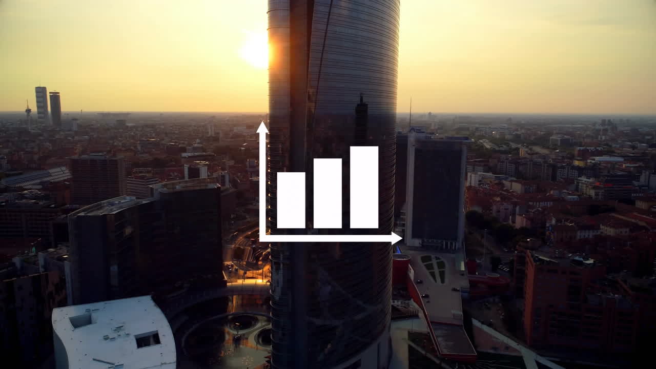 Bar chart animation over cityscape with tall buildings at sunset