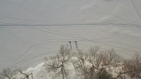 Aerial-top-down,-two-people-cross-country-skiing-on-frozen-snow-covered-lake-next-to-dead-trees