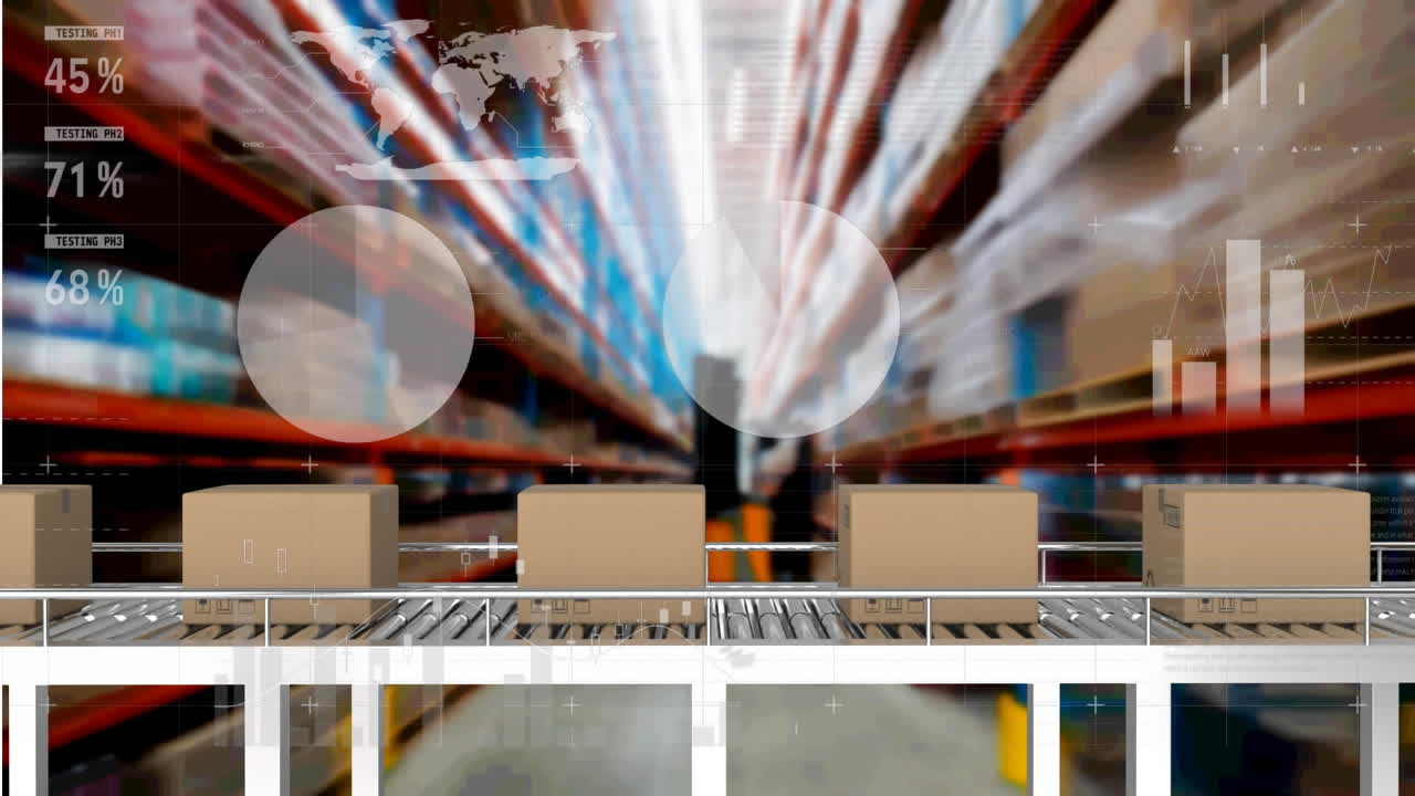 animación del procesamiento de estadísticas sobre cajas de cartón en cinta transportadora en el fondo