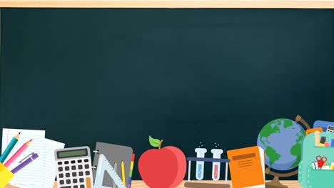 animación de múltiples materiales escolares que se mueven en una pizarra