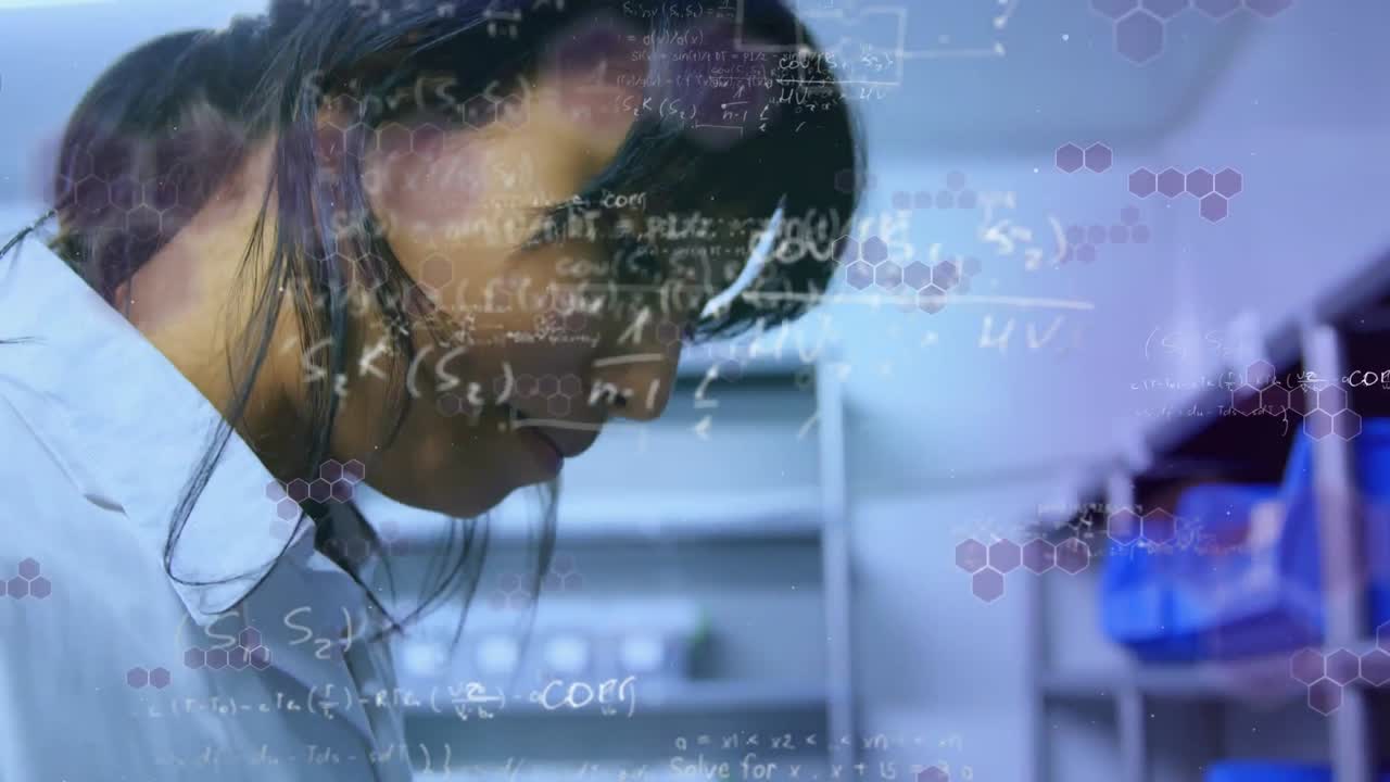 Animation of floating mathematical equations and chemical structures over mixed race female doctor
