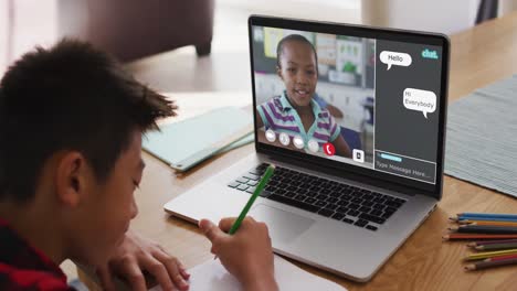 Schoolboy-using-laptop-for-online-lesson-at-home,-with-his-colleague-and-web-chat-on-screen