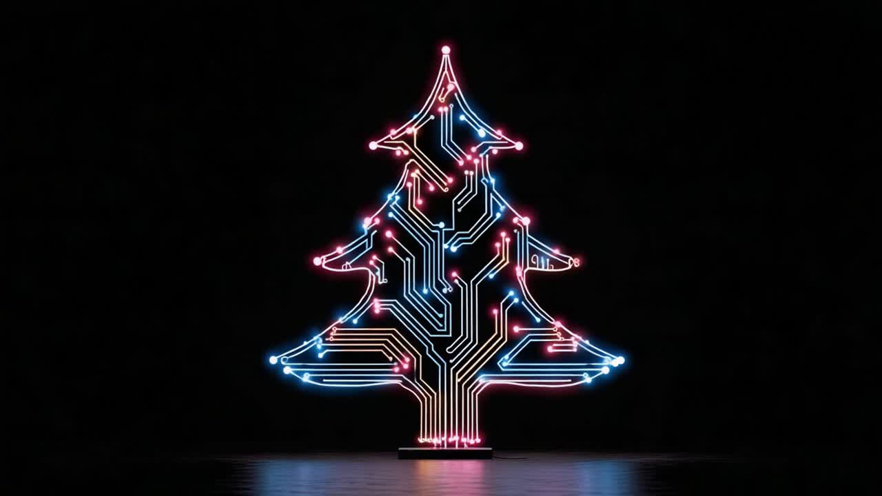 A Modern Fusion of Nature and Technology: A Circuit Board Christmas Tree Illuminated with Vibrant Neon Colors Against a Dark Background