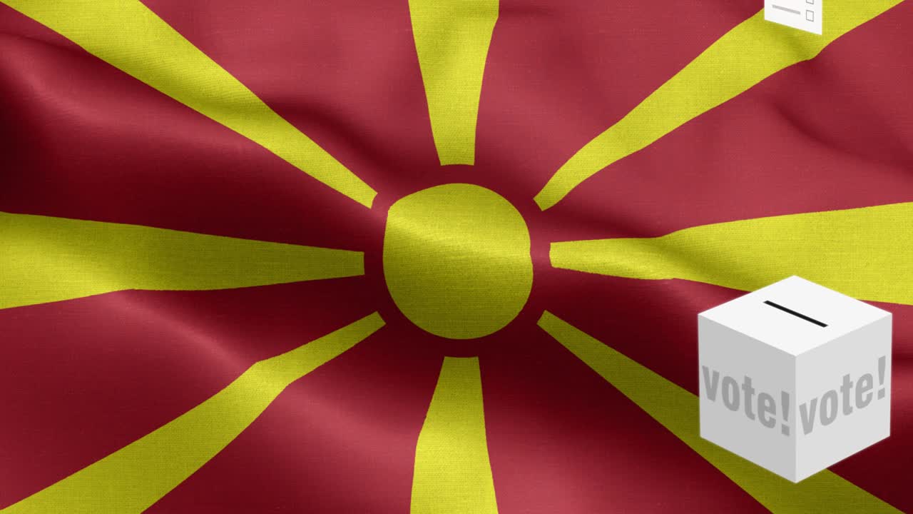 las papeletas de votación vuelan a la caja para la selección de macedonia - caja de votación frente a la bandera - elección - voto - bandera de macedonia - bandera de macedonio alto detalle - bandera nacional macedonia patrón de ondas elementos en bucle - textura de tela y bucle sin fin