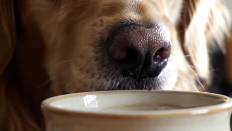 close-up of a golden retriever's face as it intently approaches a bowl of liquid, capturing the expression of curiosity and anticipation in a cozy setting