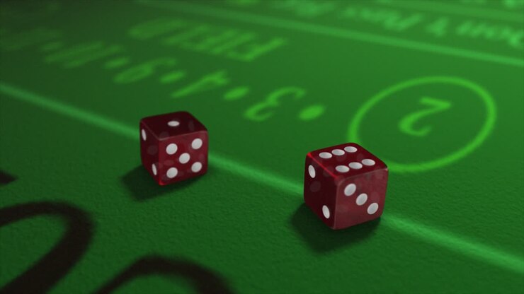 Pair of dice thrown onto a craps or crapaud table with glittering poker machines in a casino background - craps throws - translucent red dice throw of six and one - seven