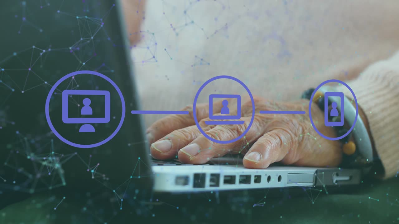 Animation of connected icons, dots over hands of senior caucasian man typing on keyboard of laptop
