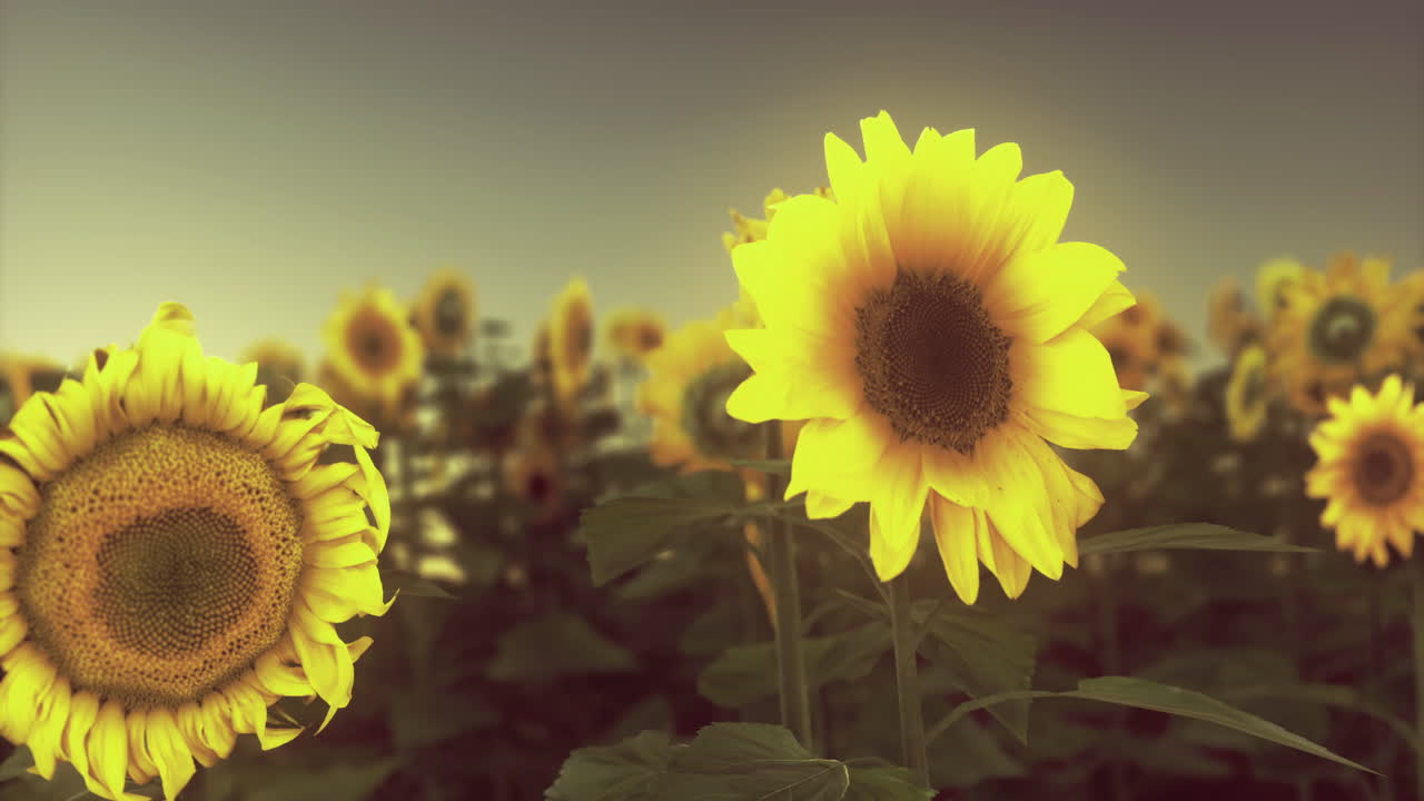 Sunset over a sunflower field with vibrant blooms and green leaves