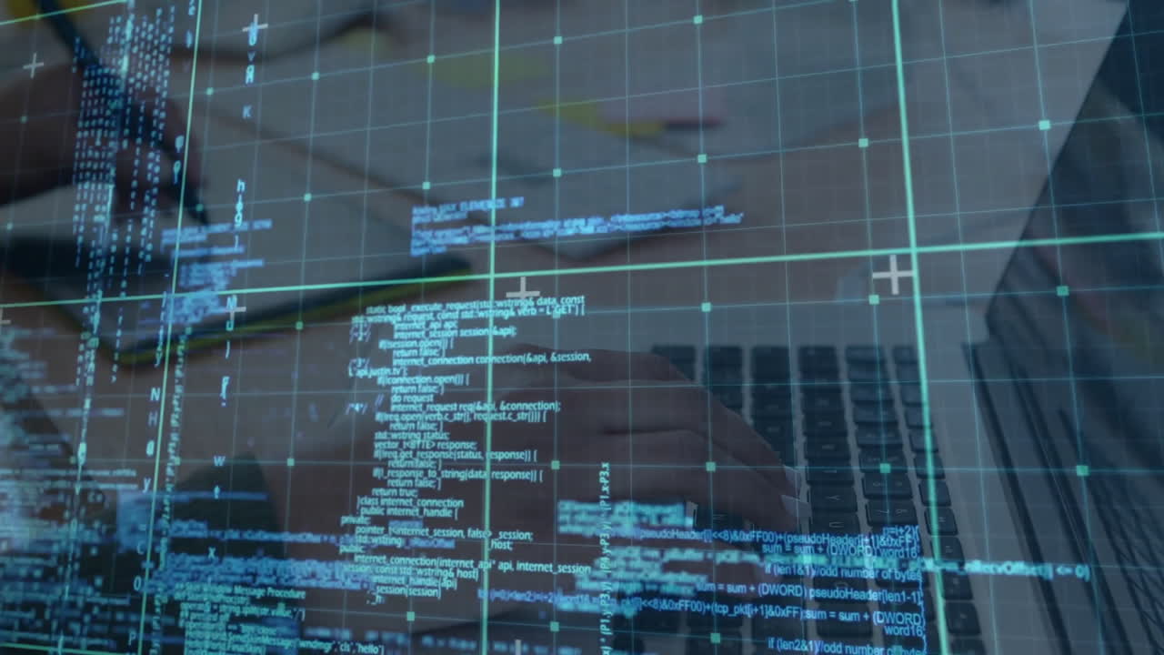 woman typing on laptop in technology workspace, displaying animated code snippets and grid lines