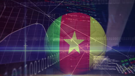 animation of cameroon flag on soccer ball with financial and binary data overlay
