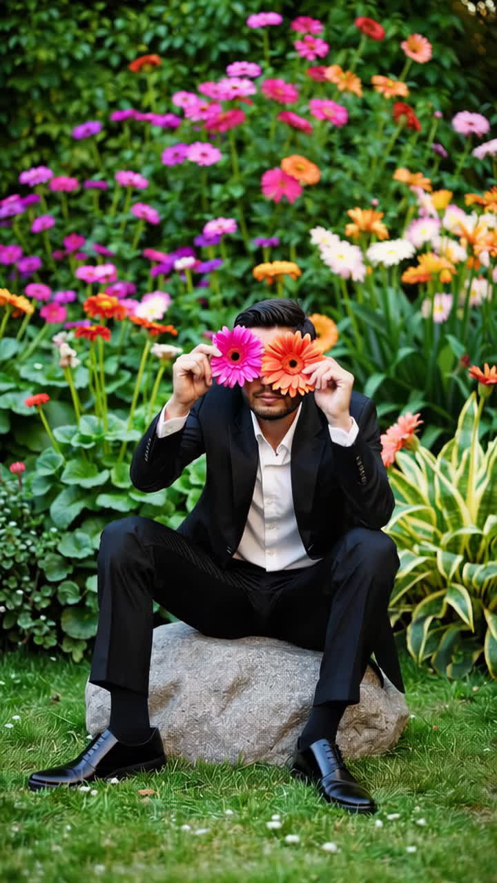 Man in suit covering eyes with colorful flowers in a garden