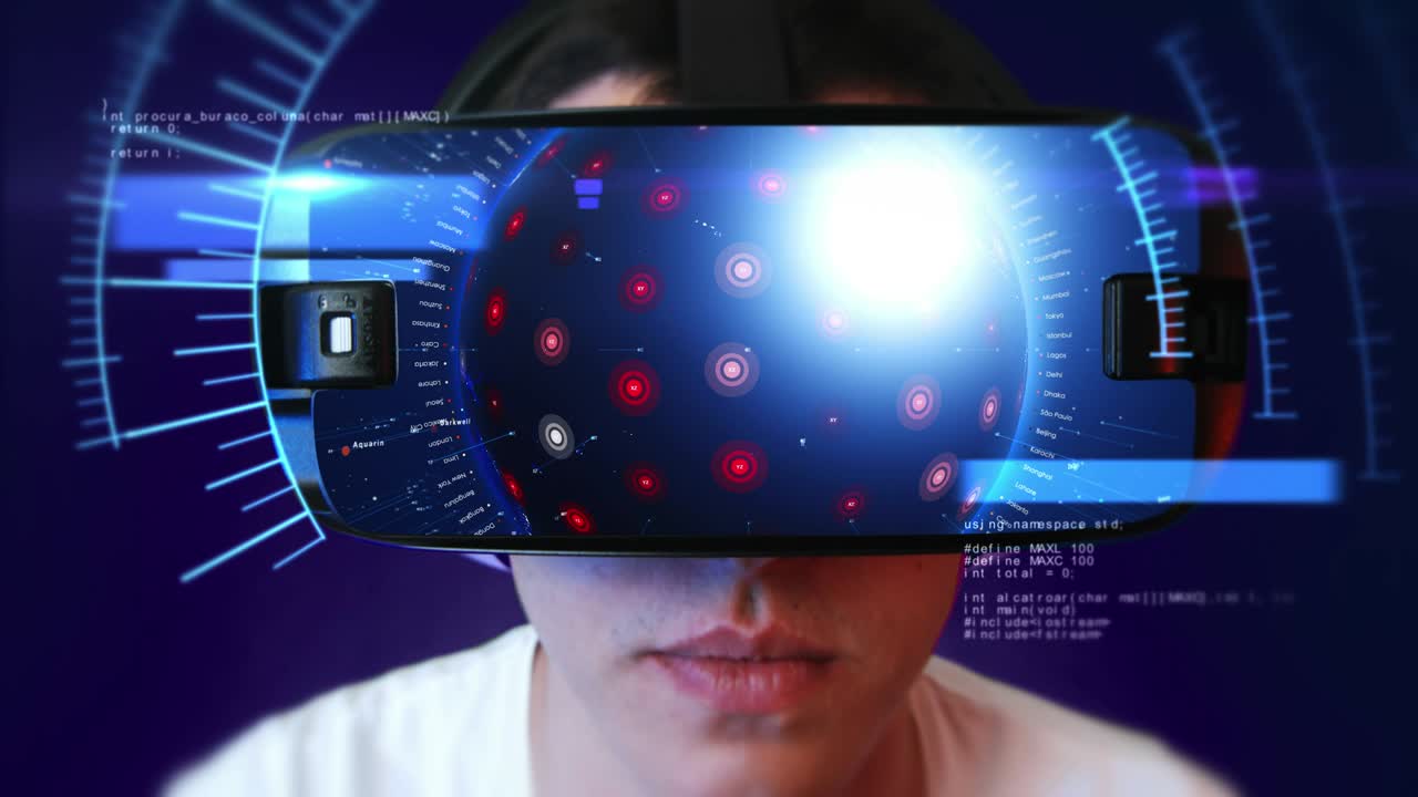 Young man wearing VR headset and experiencing virtual reality. Seamless Loop.