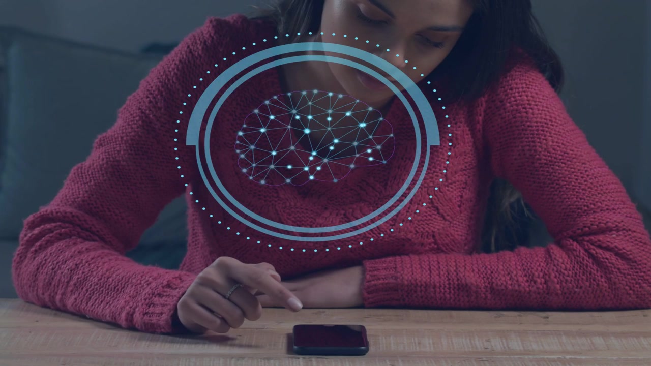 Woman leaning tapping phone on wood table, activating blue neural overlay and viewing AI data