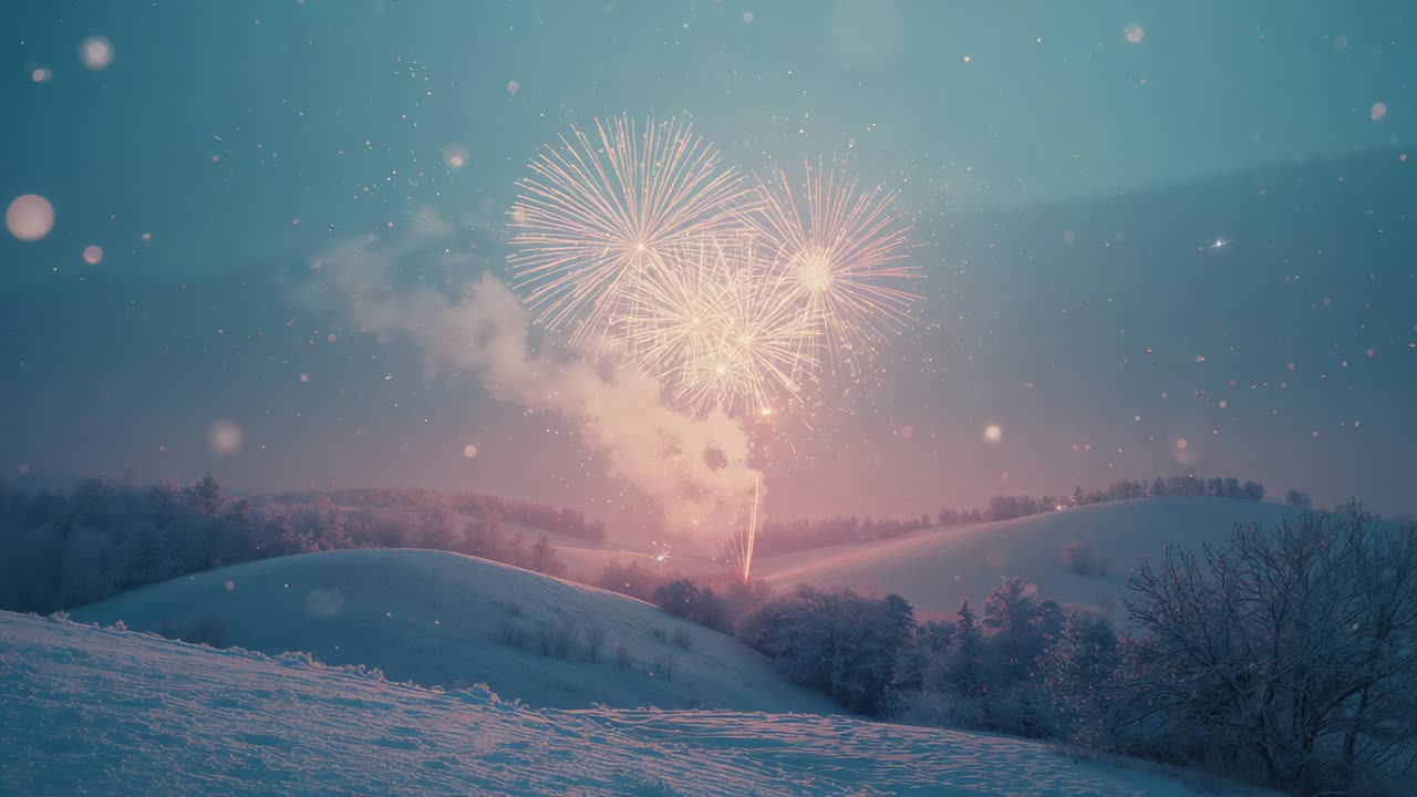 Firing firework shells launching golden sparks above snow hill among frost trees, drifting smoke