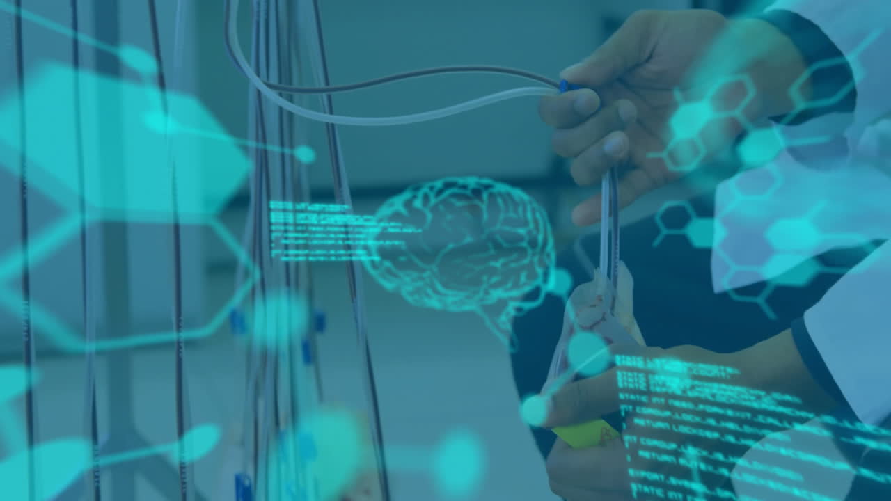 Connecting medical equipment, hands working over brain data processing animation