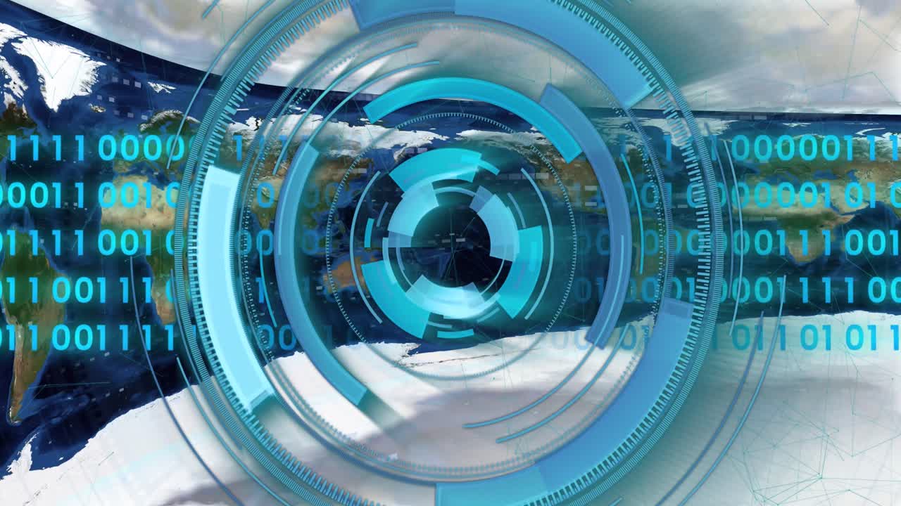 animación de escaneo de alcance y procesamiento de datos sobre el mapa del mundo y el cielo con nubes