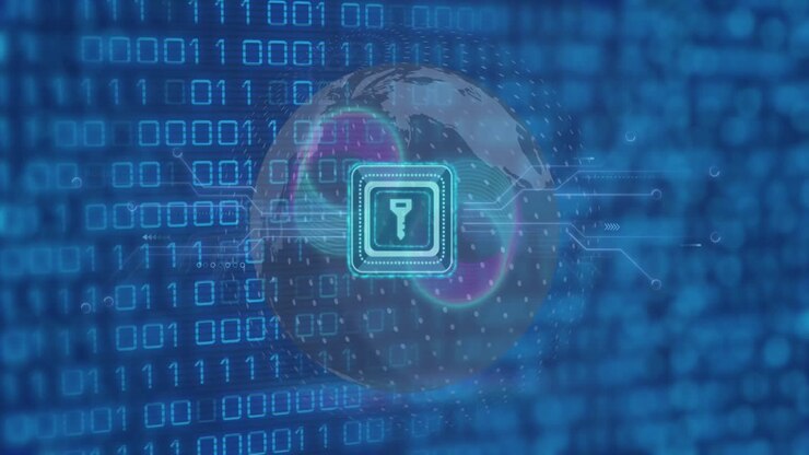 Animazione di icona lucchetto, codice binario e elaborazione dati su circuito stampato del computer