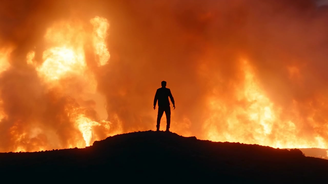 Silhouette In Piedi Davanti A Un Inferno Arancione Furioso Su Una Collina Con Fiamme Torreggianti, Fumo Denso E Cenere Che Cade