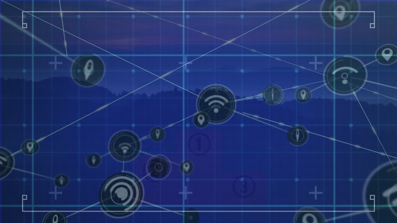 Animation of network of connections with icons over grid and landscape