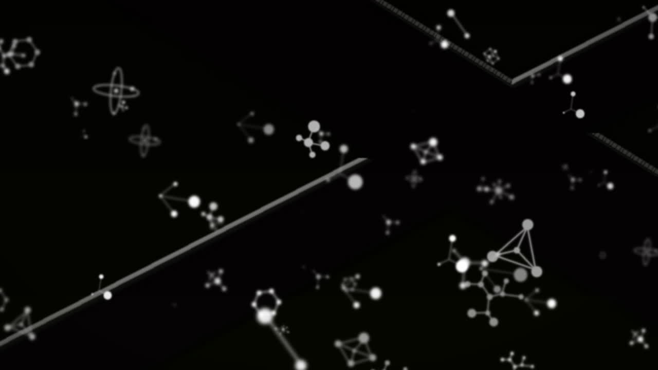 검은 바탕의  ⁇  선에 대해 떠다니는 분자 구조의 디지털 애니메이션