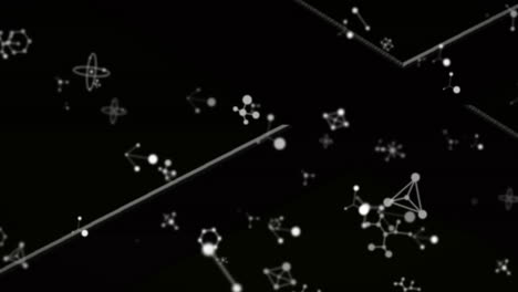 Digital animation of molecular structures floating against white lines on black background