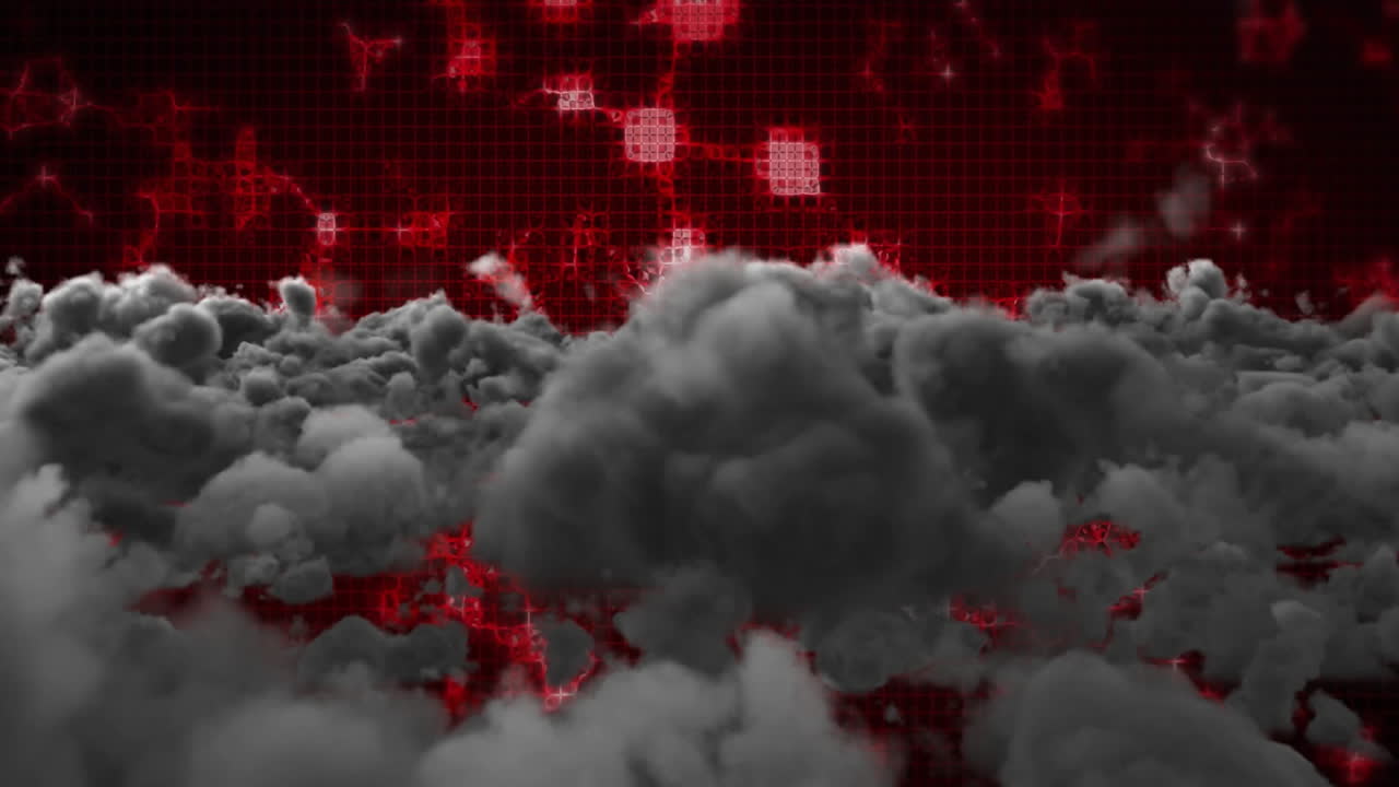 Digital animation with dark clouds and red glowing grid in background
