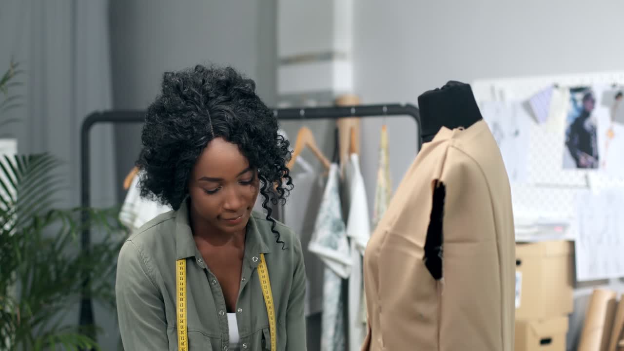 Woman Tailor Taking Measurements From A Garment To A Mannequin In The Sewing Workshop