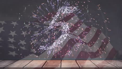 Animation-Der-Flagge-Amerikas,-Die-über-Countdown-Und-Feuerwerk-Weht