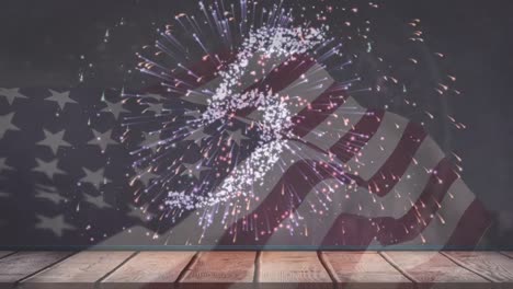 animación de la bandera de américa ondeando sobre la cuenta atrás y fuegos artificiales