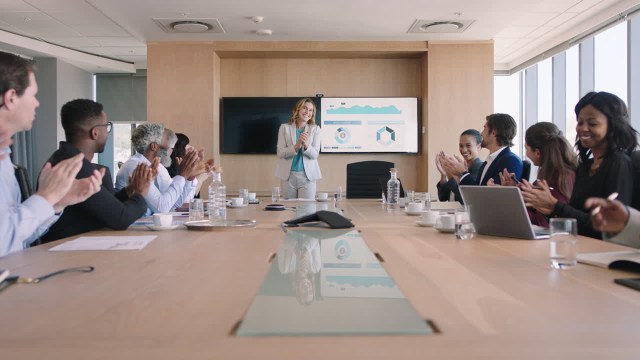 gente de negocios celebrando felicitando feliz mujer de negocios presentando una solución exitosa a los accionistas aplaudiendo aplausos en la reunión de la sala de juntas de la oficina