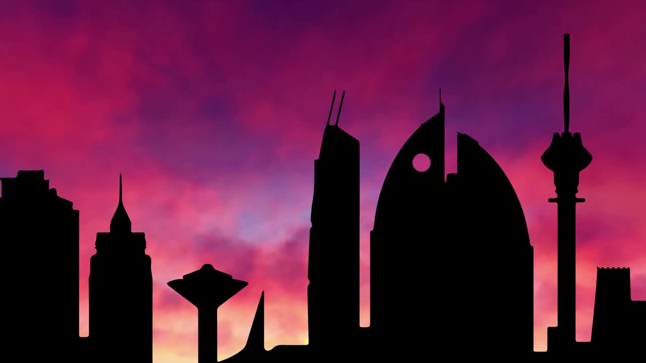 사우디 아라비아의 은 태양과 불타는 하늘과 함께 해가 지는 시기에 리야드 도시.