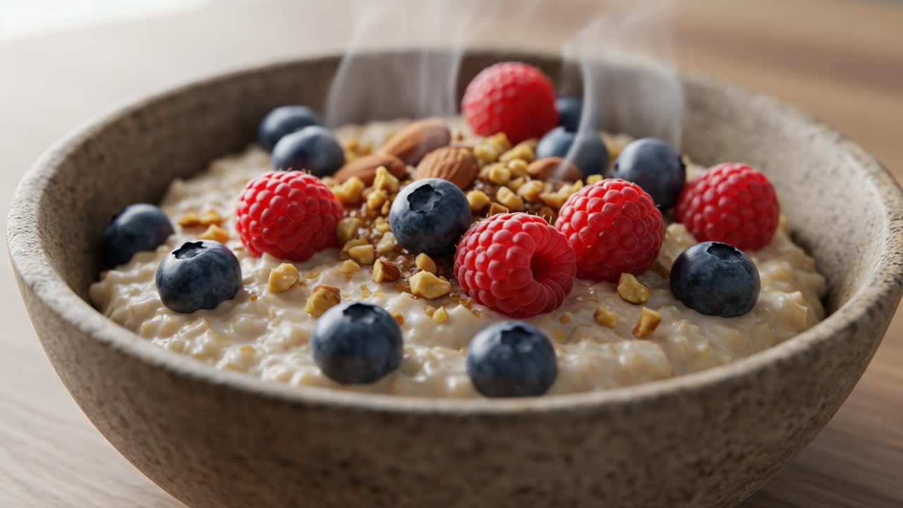 A Delicious Bowl of Warm Oatmeal Topped with Fresh Blueberries, Raspberries, and Crunchy Nuts, Perfect for a Nutritious Breakfast to Start Your Day Right