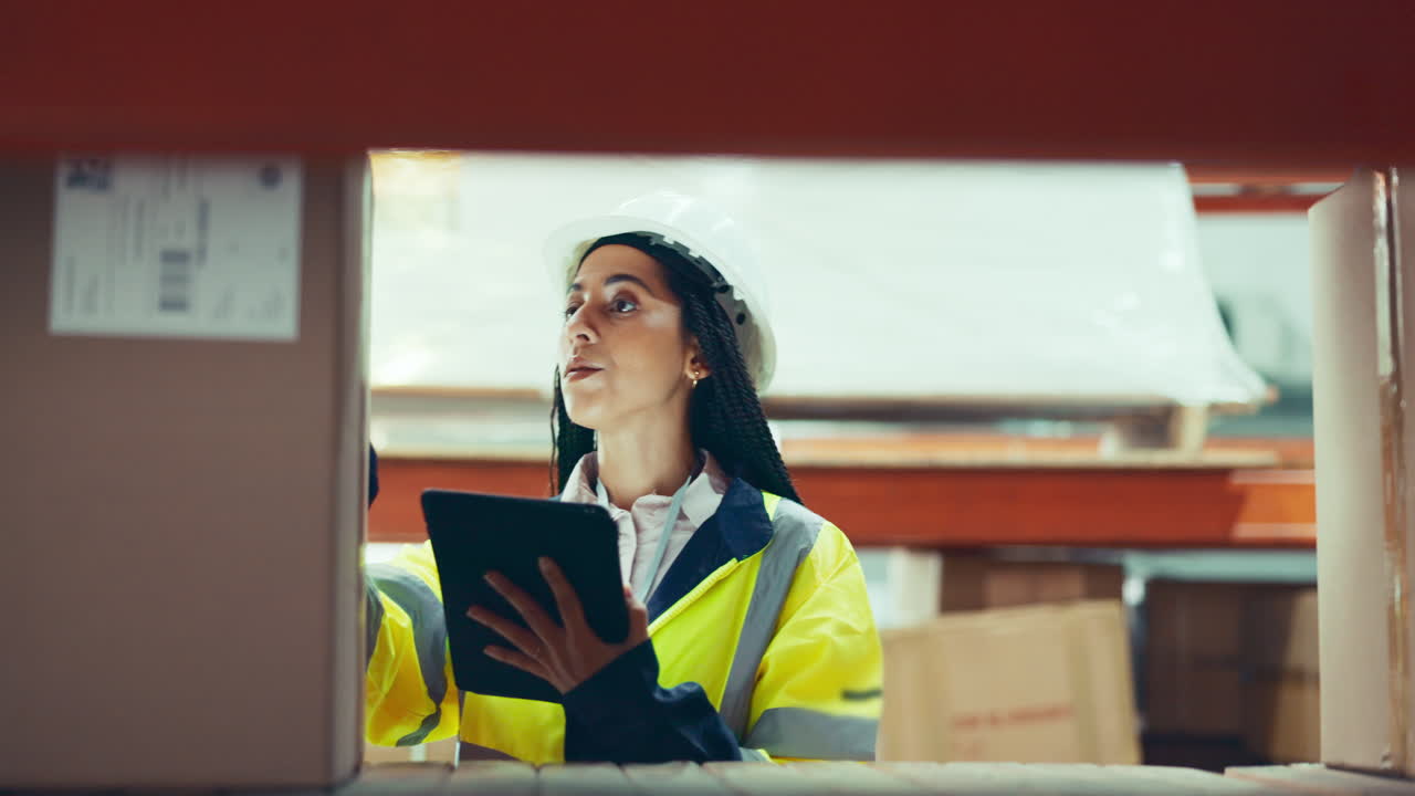 Industria, tablet e donna in magazzino