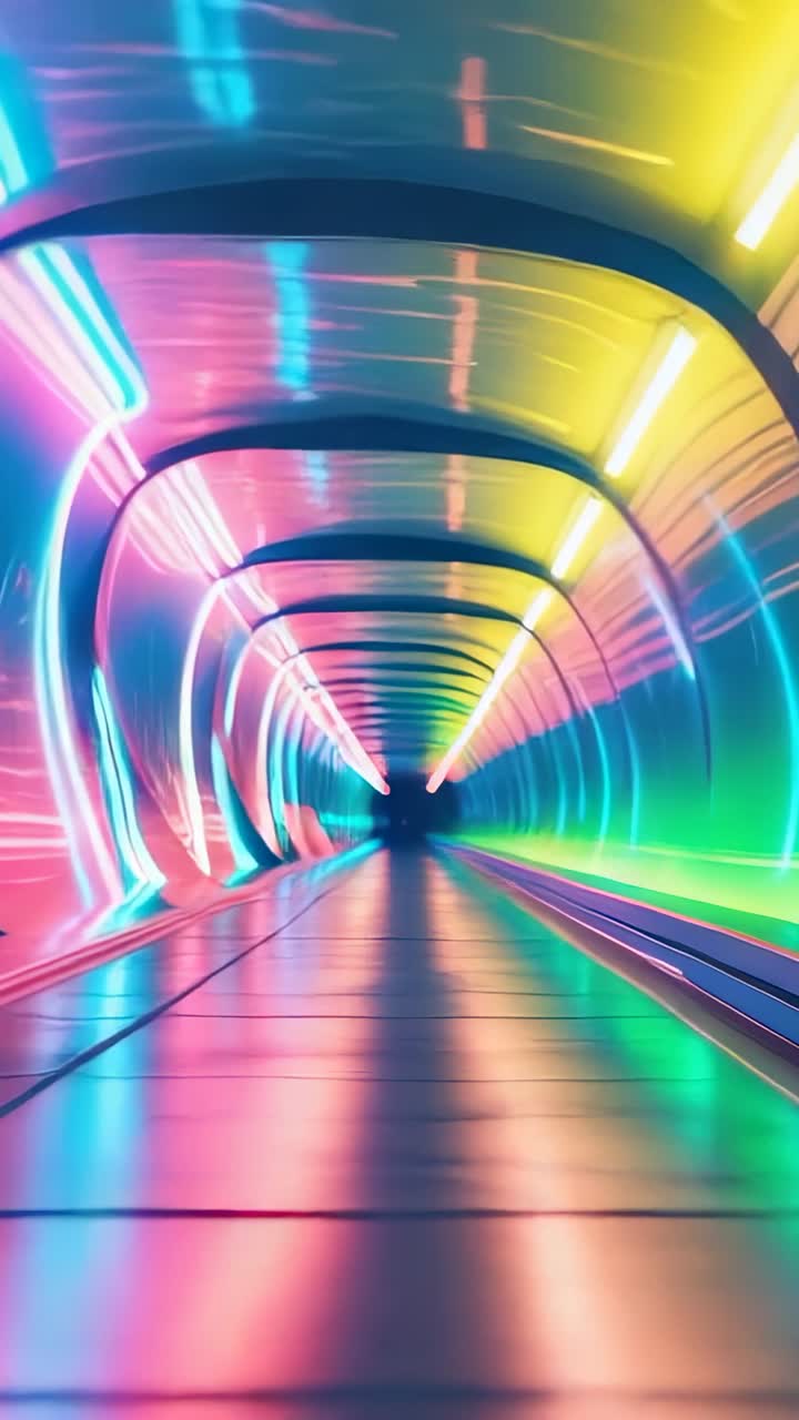 Vertical video: Starting moving belt carrying camera deeper through tunnel with rainbow LED strips