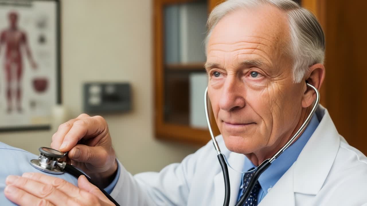 An experienced doctor attentively examines a patient using a stethoscope, showcasing the importance of patient care in a clinical setting, emphasizing compassion and medical expertise