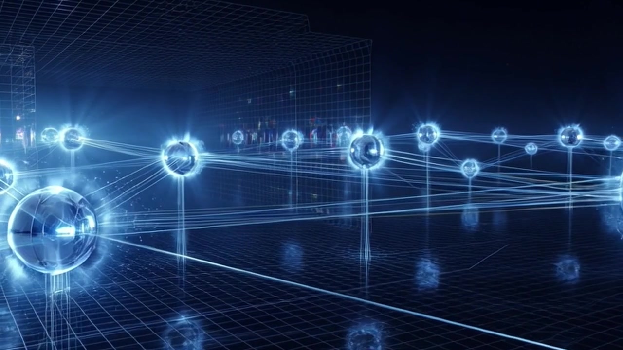 Digital Network Connection with Glowing Spheres and Data Lines