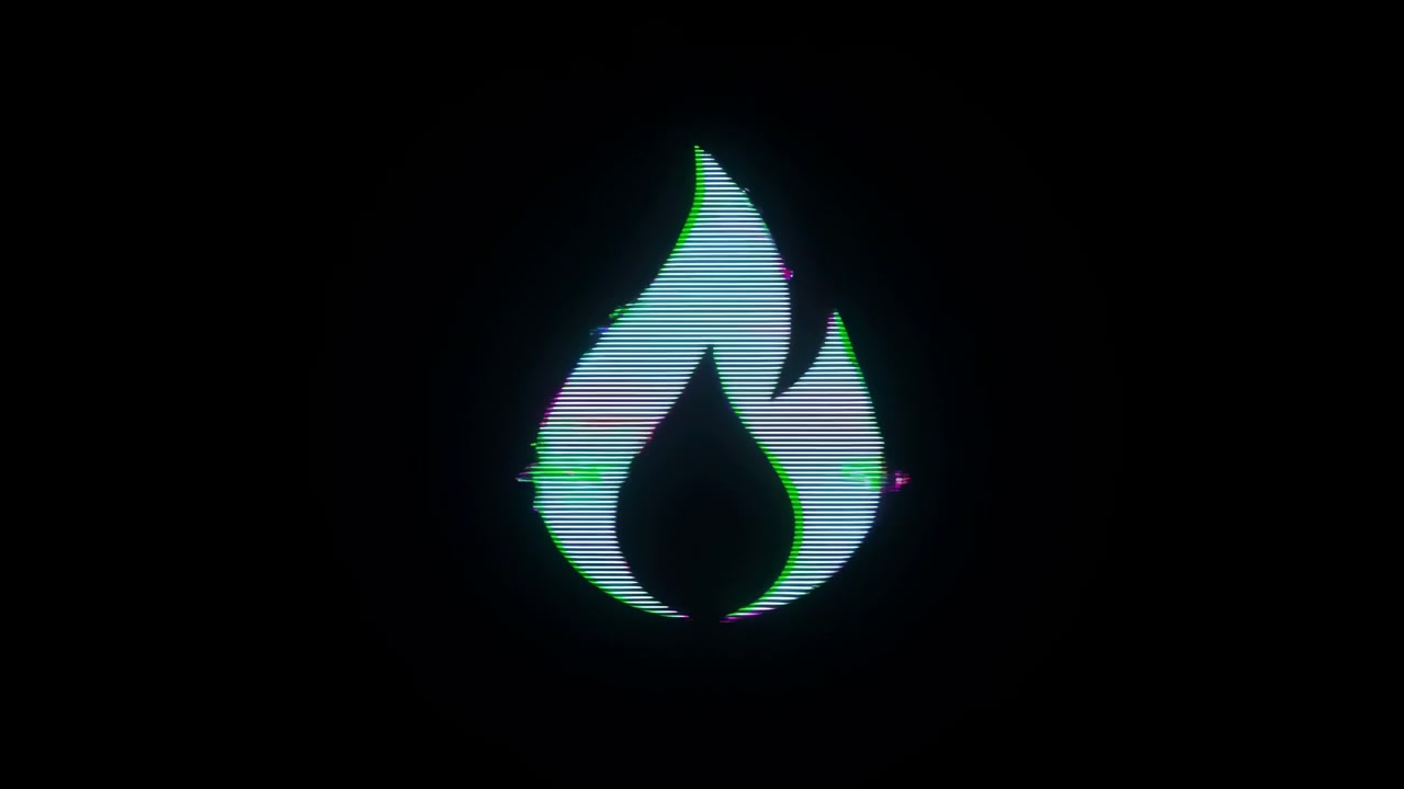 Icona di fiamma stilizzata centrata con bagliore neon a scansione, frangia cromatica sui bordi, ritaglio interno a goccia, silhouette nitida e sfondo nero profondo per un branding digitale moderno.