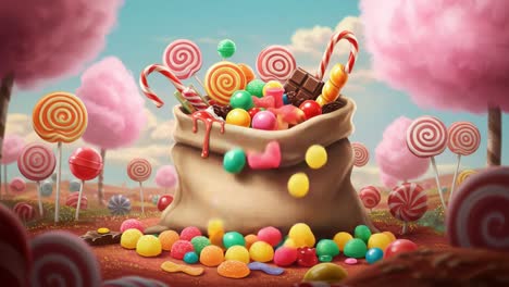 a colorful sack of delight: indulge in a sweet fantasy filled with candy, lollipops, and treats set against a whimsical background of cotton candy trees