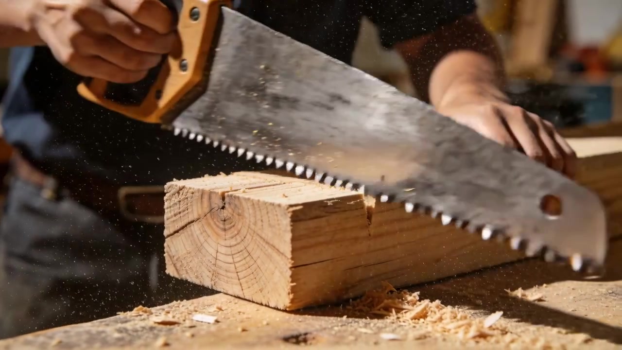 Ein Bauarbeiter in dunklem Hemd und Jeans positioniert eine gelb-schwarze Säge, um ein 4x4-Kantholz für ein Projekt zu schneiden.