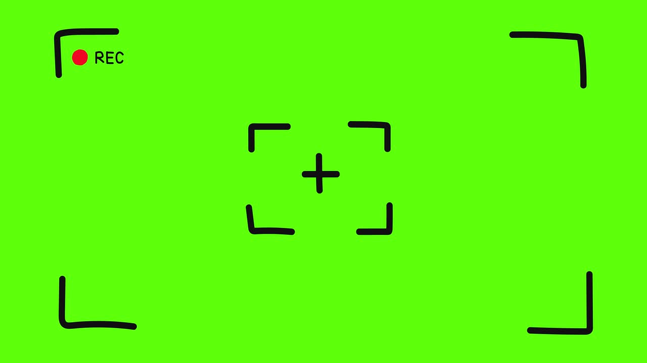디지털 초점 및 노출을 가진 카메라 녹화 인터페이스의 손으로 그려진 뷰파인더 카메라 프레임 뷰 파인더 화면 비디오 녹화 개념 애니메이션 녹색 화면 4k