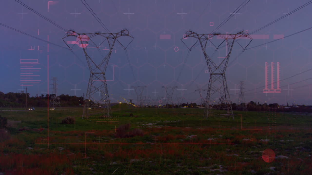 Transmission towers carrying power lines across grassy dusk field, showing AR HUD overlays in 3D