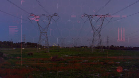 transmission towers carrying power lines across grassy dusk field, showing ar hud overlays in 3d