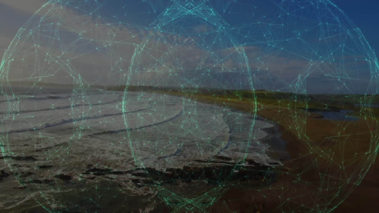 Coastal landscape with digital network connections animation over ocean waves